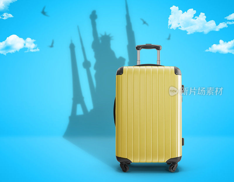 黄色行李箱，蓝色背景，旅行梦想。旅行的概念。世界著名的广告投放地。在线旅游广告。在线门票。旅游3 d演示。